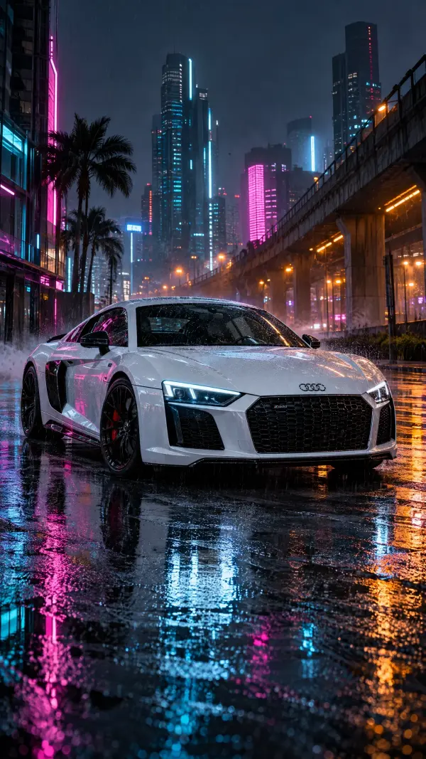 White Audi R8 parked on wet neon city street at night