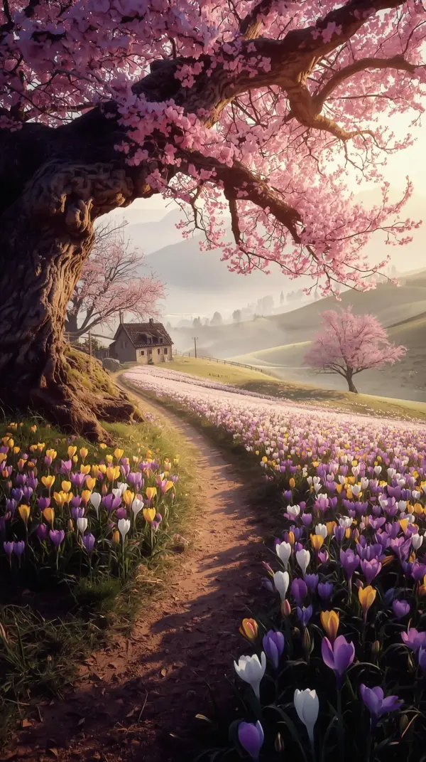 Nature Wallpaper 4K — Spring Meadow with Cherry Blossom