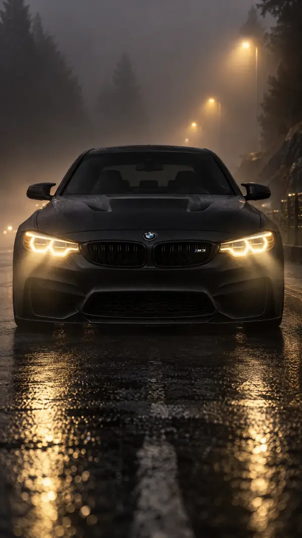 Black BMW M3 with Glowing Yellow Headlights on Wet Foggy Road