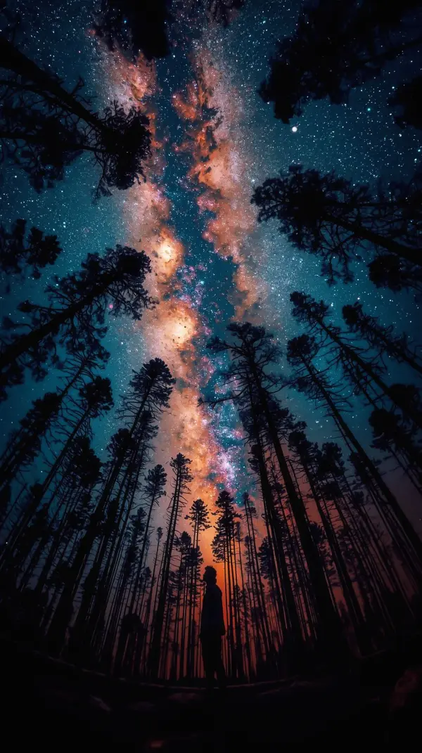 Space Wallpaper 4K — Person Under Milky Way Forest | 4KWallpapar