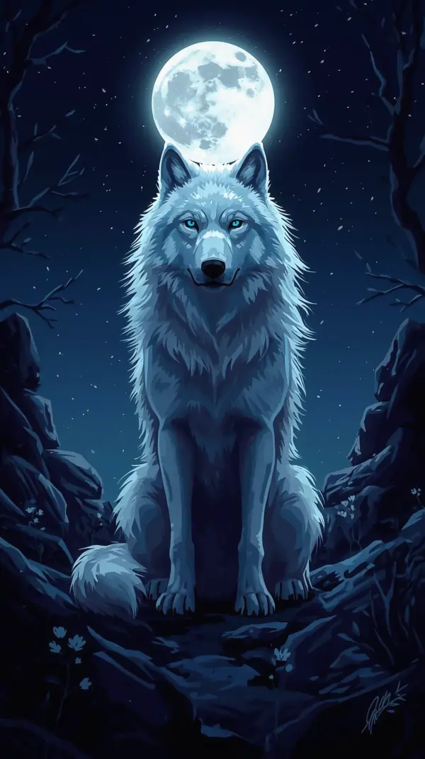 Wolf Wallpaper — White fur, piercing eyes, radiant moon