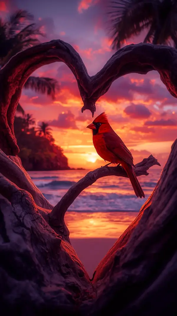 Red cardinal bird on heart branch tropical beach twilight