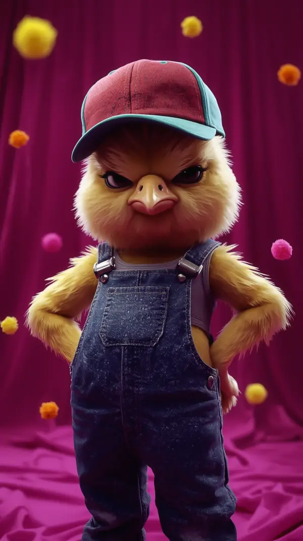 Cartoon Wallpaper 4K — Angry Chick in Denim Overalls 4K