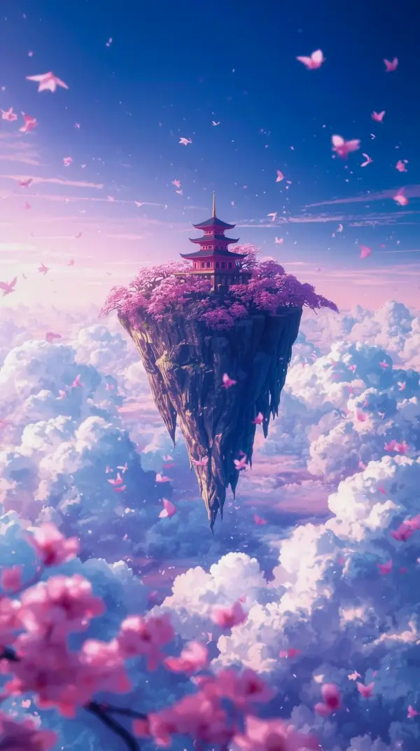 Aesthetic anime wallpaper phone featuring a floating pagoda. Includes anime wallpaper iphone, anime wallpaper 4k phone, anime background iphone, anime background phone, anime phone wallpaper, 4k anime wallpapers for mobile, 4k wallpaper