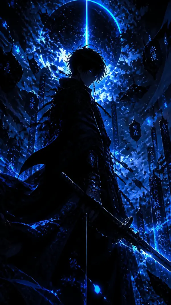 Anime background phone — glowing blue swordsman