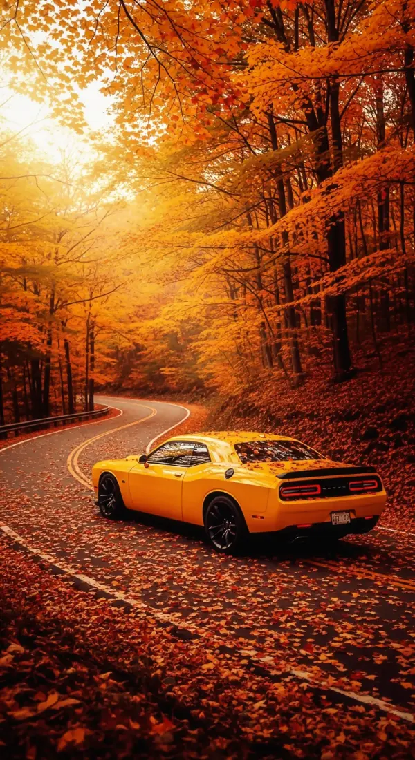 Yellow Muscle Car on Autumn Road: Car iPhone Wallpaper, Car Wallpaper 4K for Mobile, Car Wallpaper4K for Mobile for Your Device