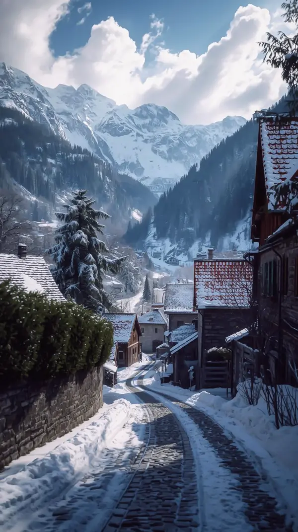 Nature Wallpaper 4K — Snowy Mountain Village Path | 4KWallpapar