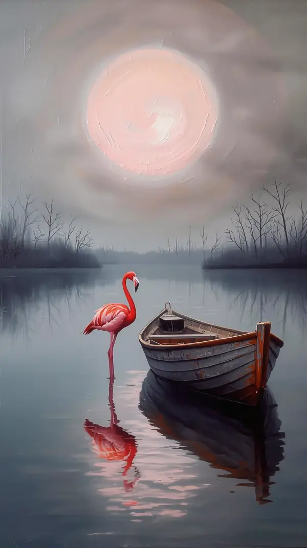 Flamingo Wallpaper — Pink bird, wooden boat, pale moon lake