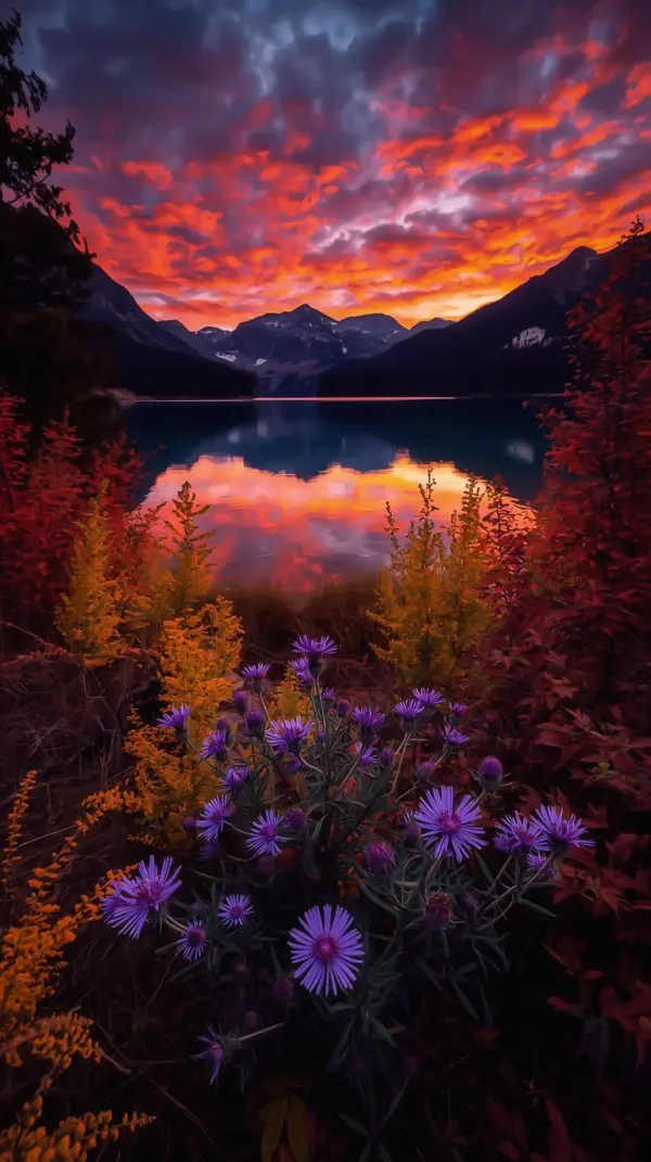 Anime scenery — purple wildflowers sunset lake