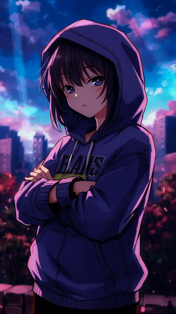 Aesthetic anime wallpaper — purple hoodie girl
