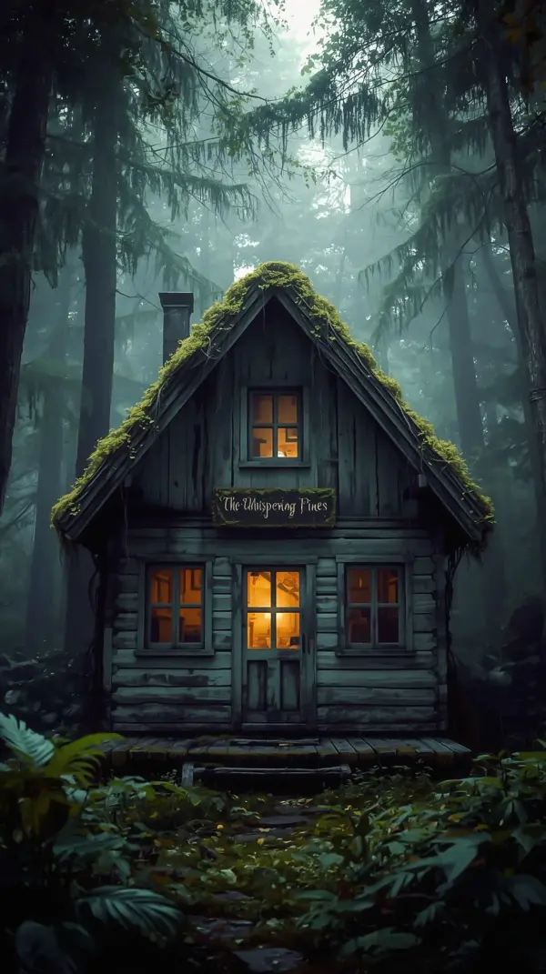 a small wooden cabin with glowing windows nestled inside a dark misty pine forest