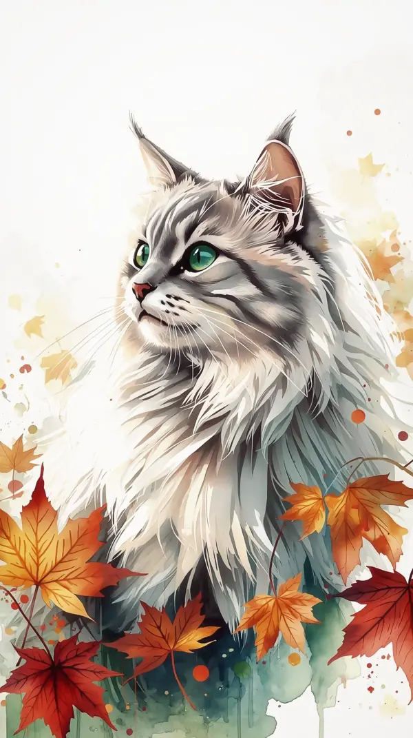 Wallpaper cute anime — fluffy cat autumn leaves
