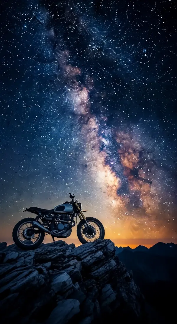 Stunning Milky Way Motorcycle Adventure: A breathtaking 4K phone wallpaper for iPhone. This majestic scene offers a unique 4K wallpaper for mobile and 4K backgrounds iPhone users will love. Perfect for an iphone wallpaper 4k experience,