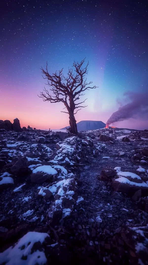 Volcanic Night Landscape iPhone Wallpaper 4k - Stunning 4k Wallpaper for Mobile and Wallpaper for Phone featuring a Twisted Tree and Starry Sky. Get this Cute 4k Wallpaper for iPhone and 4k Backgrounds iPhone 4k iPhone Background.