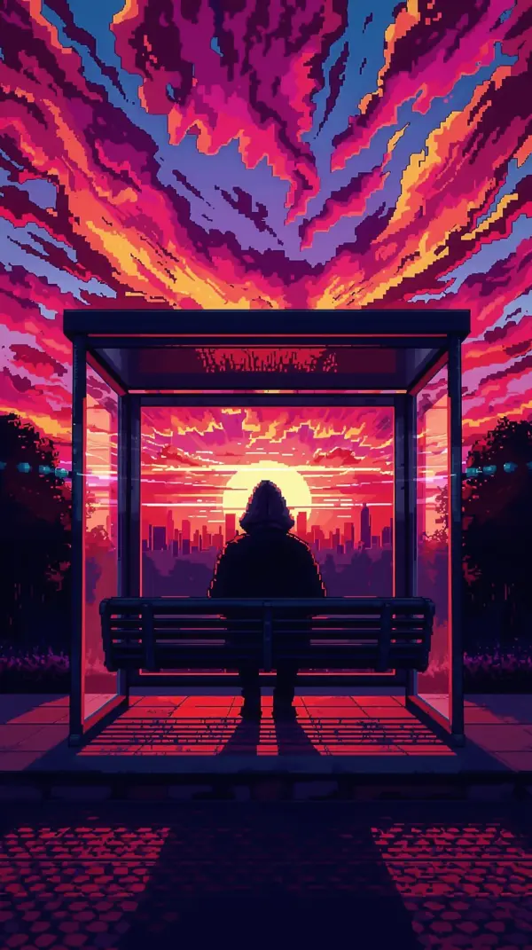 silhouetted person sitting in a bus stop watching a pixel art sunset over a city skyline