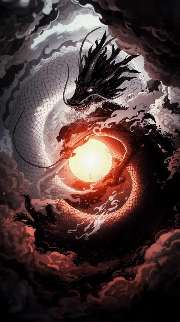 Anime wallpaper — powerful dragon gripping fiery orb