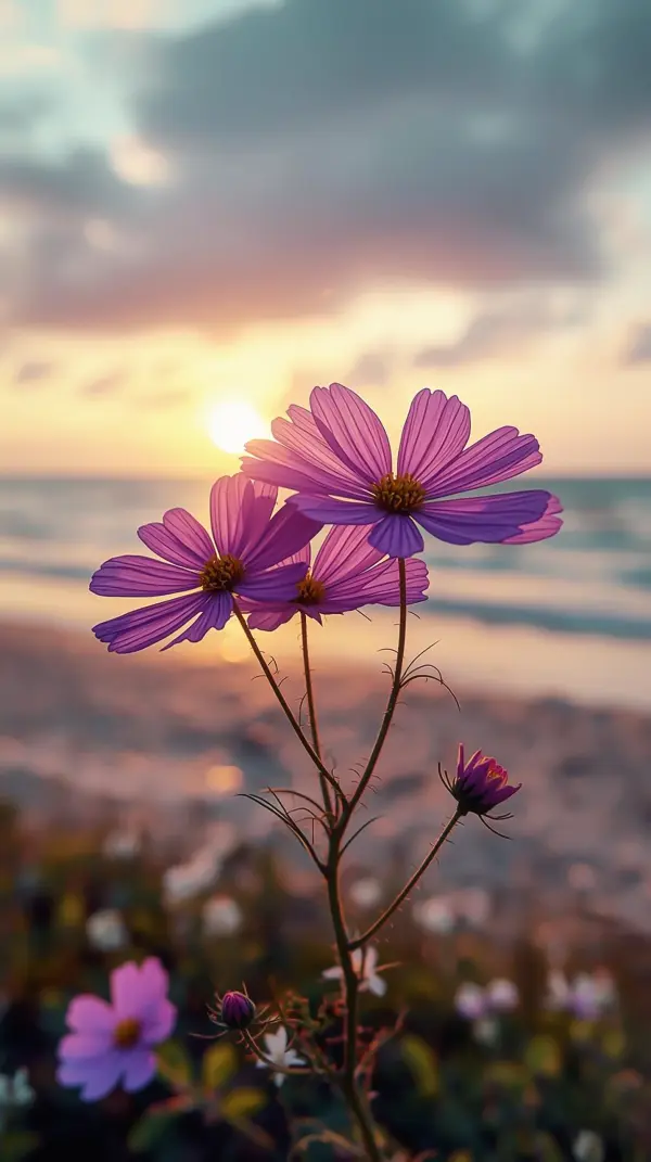 Flower Wallpaper 4K — Purple Cosmos Sunset Beach | 4Kwallpapar