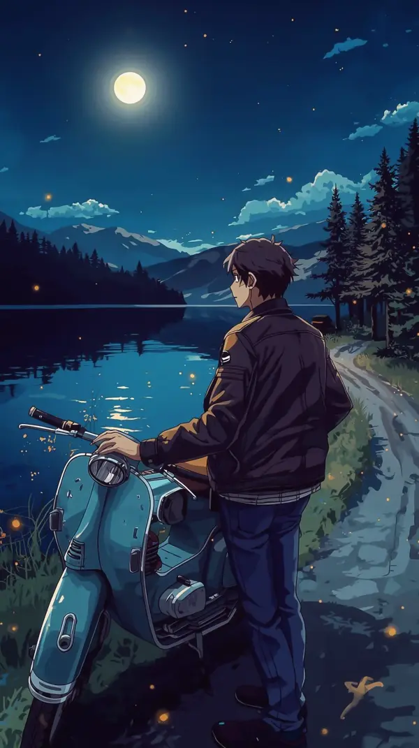 Anime Wallpaper — Man with Scooter by Lake Moonlight