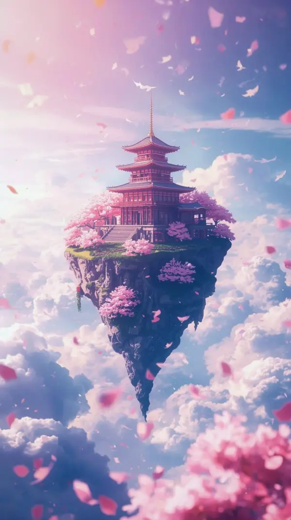 Aesthetic Anime Wallpaper Phone - Floating Pagoda 4k Anime Wallpapers for Mobile. High-quality Anime Wallpaper iPhone and Anime Background Phone. 8k Anime Wallpaper for Mobile featuring Sakura and dreamy clouds.