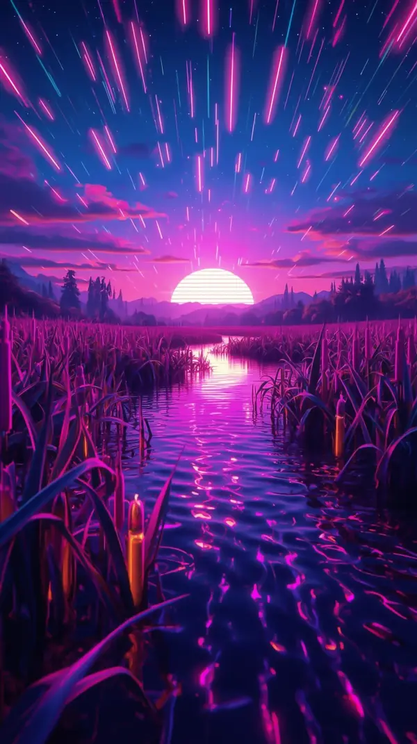 a glowing purple river winding through reeds under a neon pink sun setting with light trails