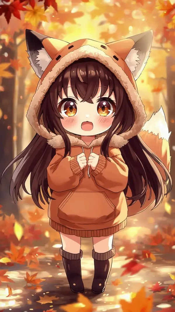 Cute anime photo — warm golden forest background
