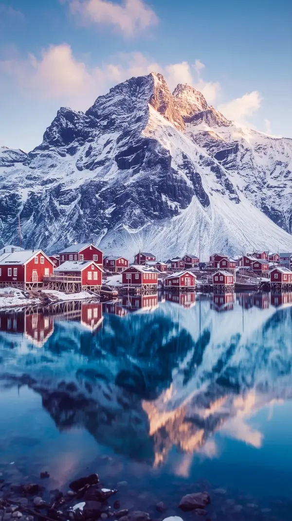 Stunning 4K iPhone Wallpaper: Serene Snowy Village by Reflecting Lake | 4K Wallpaper for Mobile, Wallpaper for Phone, Cute 4K Wallpaper for iPhone, 4K Backgrounds, iPhone 4K, iPhone Background