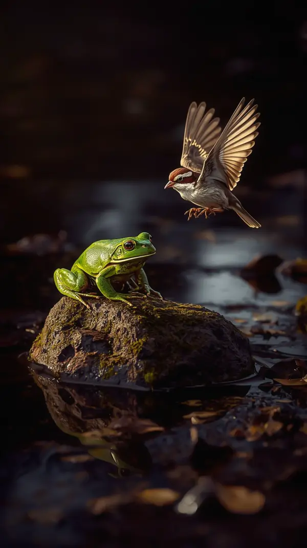 Frog and Bird Wallpaper — Green frog on rock, bird in flight