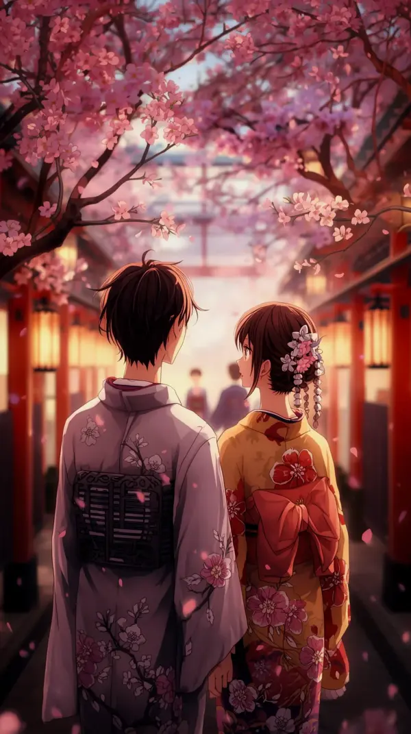 Wallpaper anime romance — couple under blossoms