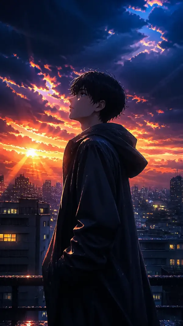 Aesthetic anime wallpaper — orange sunset city