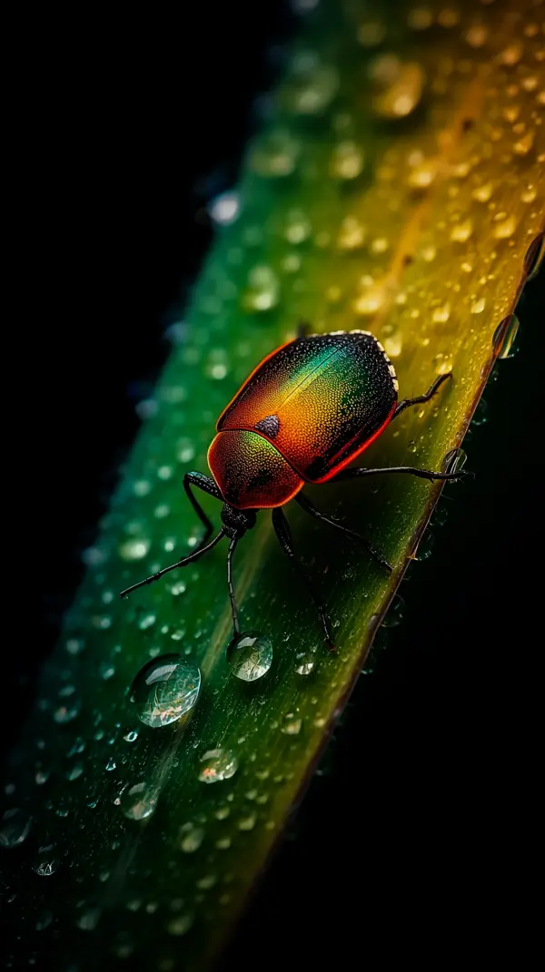 Iridescent Beetle on Dewy Leaf AMOLED wallpaper 4k for mobile