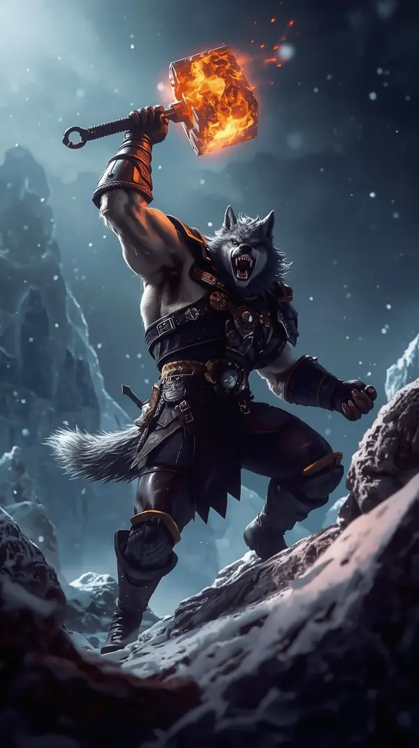 Wolf Wallpaper 4K — Warrior Holding Flaming Hammer