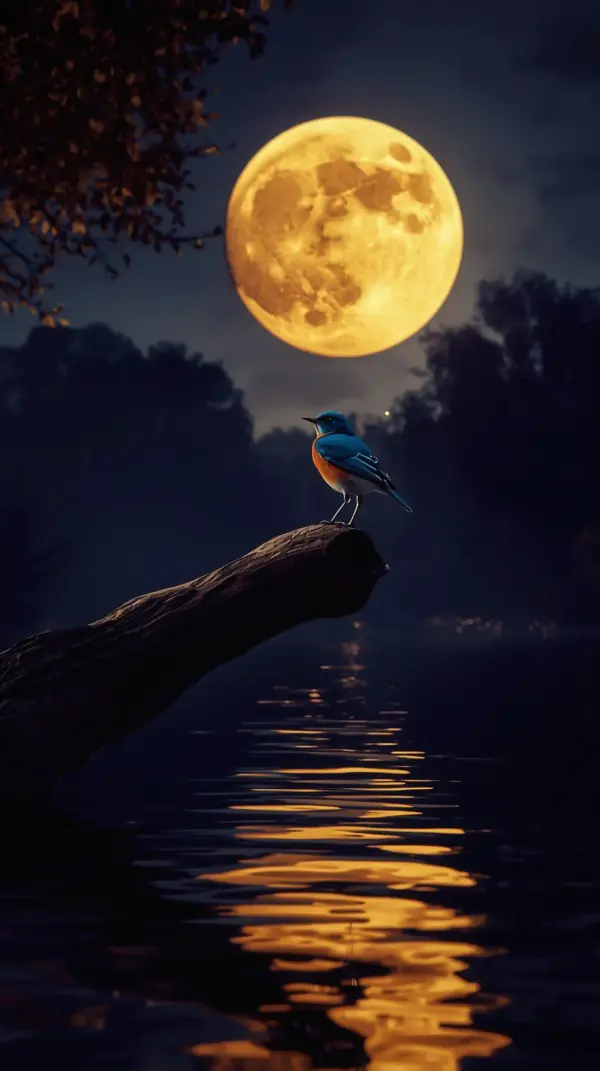 Wallpaper anime nature — blue bird golden moon
