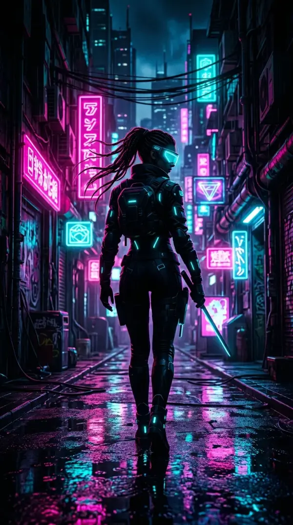 Cyberpunk City Wanderer with Glowing Sword Mobile Wallpaper