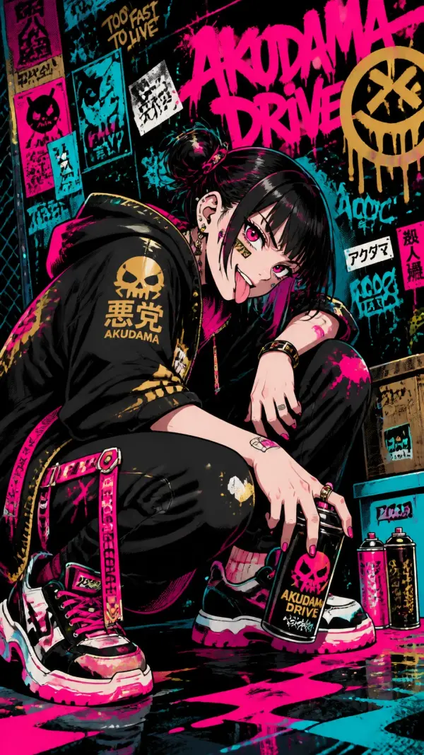 Edgy Anime Street Artist Girl with Pink Graffiti and Spray Paint