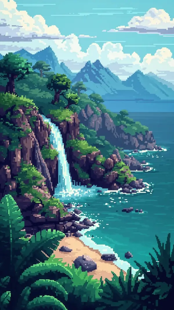 Pixel Art Wallpaper — Tropical Waterfall Beach