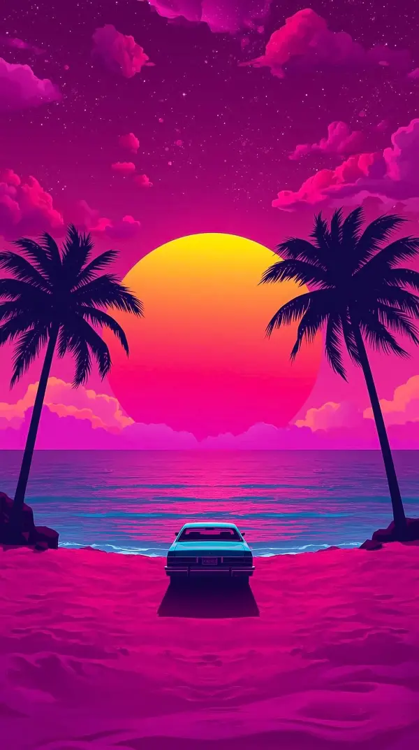 Retro phone background — tropical synthwave sunset