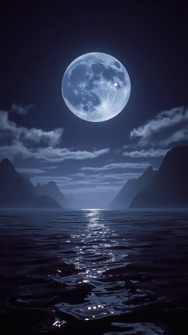glowing full moon reflecting on a dark calm sea between mountain silhouettes under a night sky