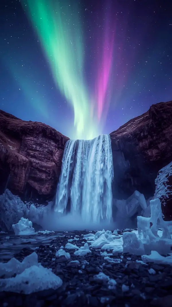 Stunning Aurora Waterfall iPhone Wallpaper 4K - A beautiful 4k wallpaper for mobile, perfect as a wallpaper for phone or cute 4k wallpaper for iPhone. Enhance your device with these captivating 4k backgrounds iPhone and 4k iPhone
