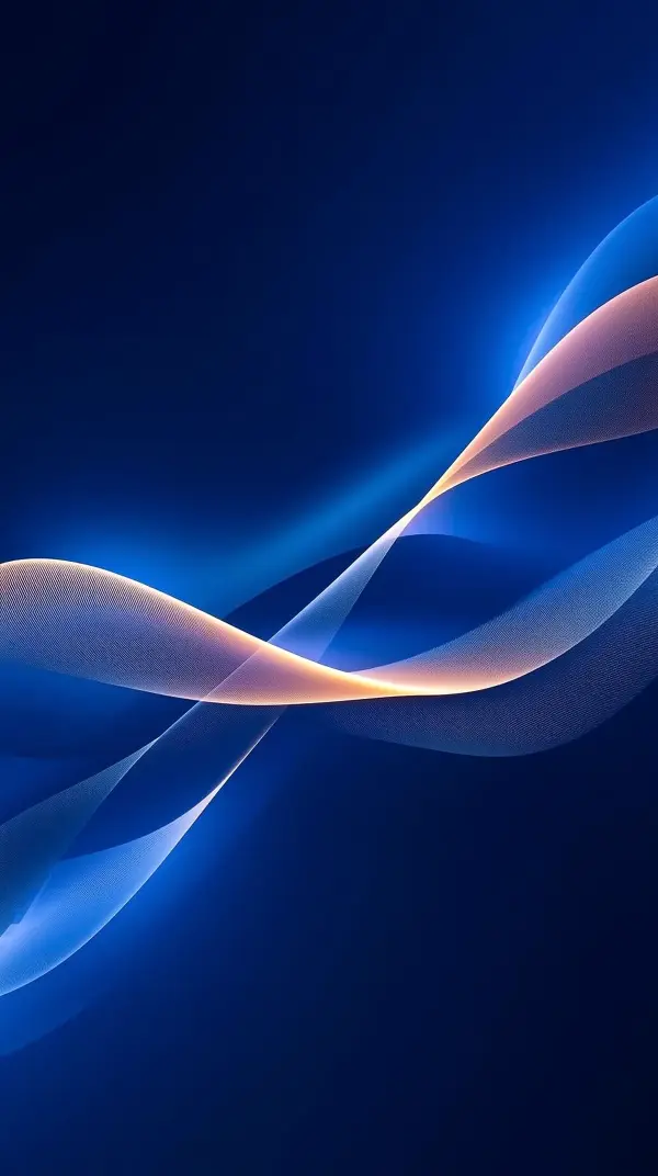4k wallpaper for mobile Elegant Blue Ribbon Wave Flow, Smooth Glossy Cyan Gold Gradient Curves with Luminous Shine on Deep Navy Background