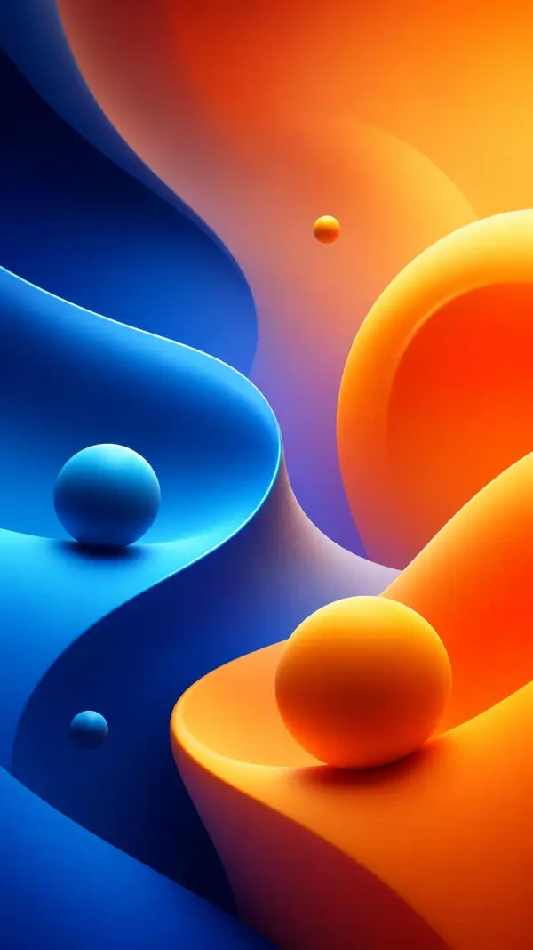 Smooth 3D abstract waves in vivid orange and royal blue with floating matte spheres, high-definition mobile wallpaper.