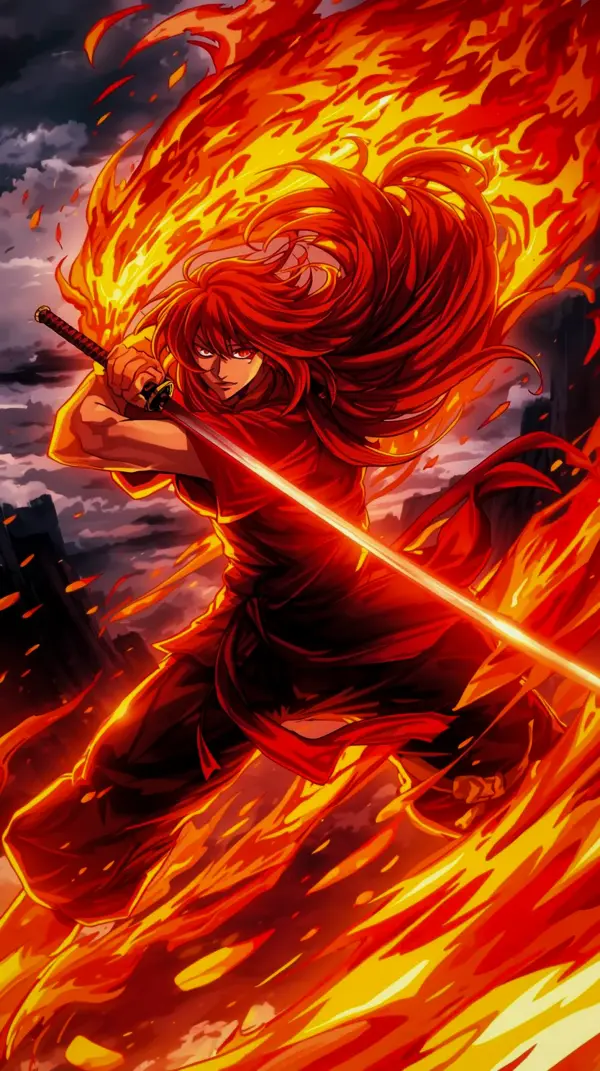 Wallpaper 4k phone anime — fiery sword warrior