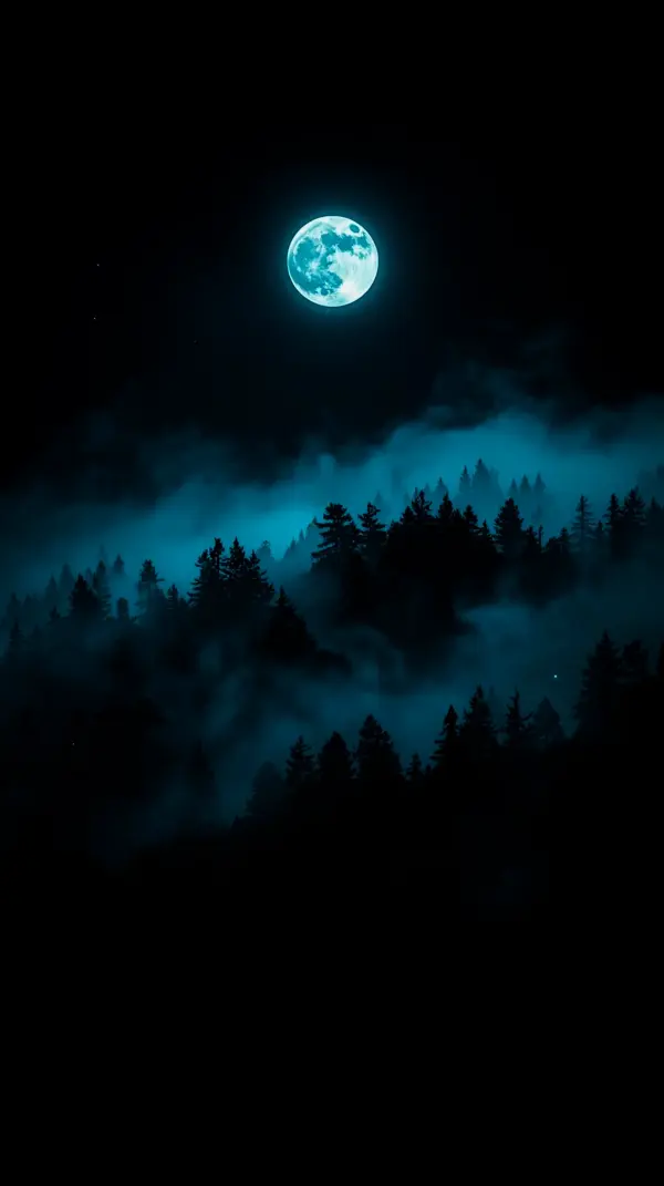 Mystical Blue Moon Forest AMOLED Wallpaper 4K for Mobile - Dark Night Landscape