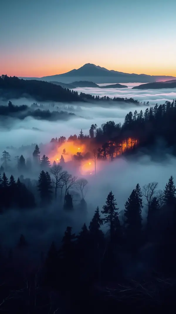 misty pine forest with glowing warm lights in a deep blue valley under a distant mountain peak