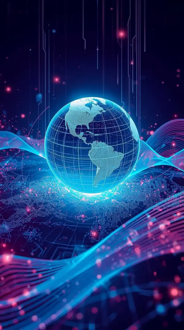 4k wallpaper for mobile Futuristic Glowing Earth Globe in Digital Network, Blue Neon Grid World Map with Flowing Tech Lines and Particles Aesthetic