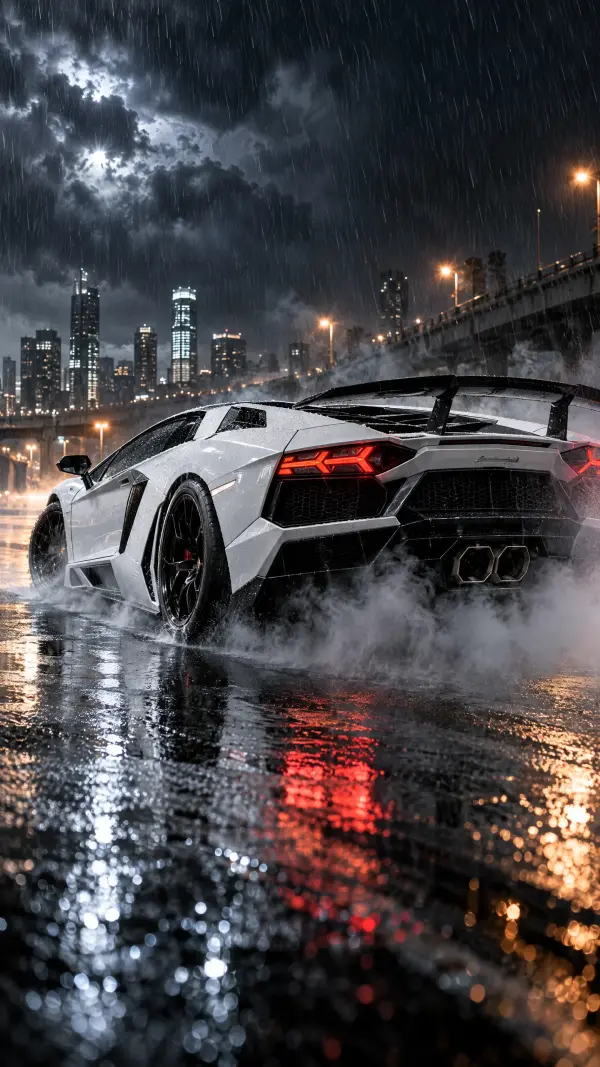 White Lamborghini Aventador Drifting on Rainy City Street at Night