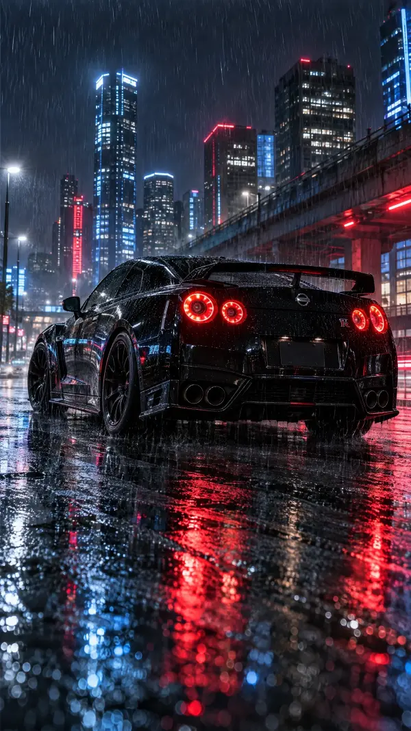Black Japanese Sports Car on Wet City Street in Midnight Rain
