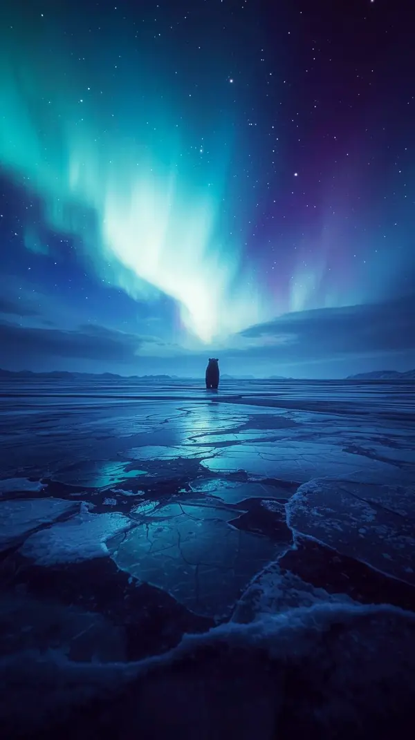 Stunning Aurora Borealis 4K iPhone Wallpaper for Mobile: A Lone Figure on Ice. This beautiful 4k wallpaper for phone offers a cute 4k wallpaper for iPhone, perfect for 4k backgrounds iPhone and 4k iPhone background.