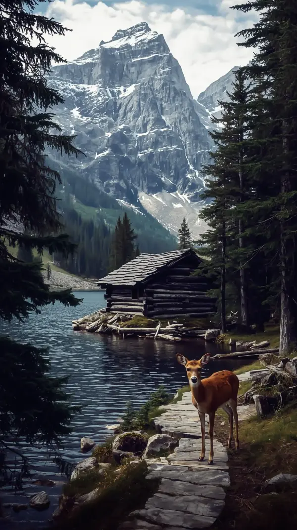 Nature Wallpaper 4K — Deer by Mountain Lake Cabin