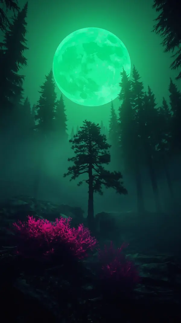 a giant glowing green moon shining over misty pine trees and bright pink bushes in a dark forest