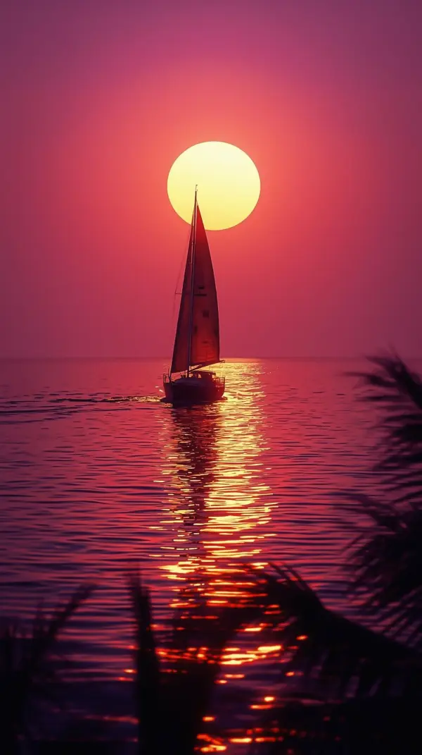 Sunset wallpaper — Sailboat on vibrant pink ocean | 4Kwallpapar